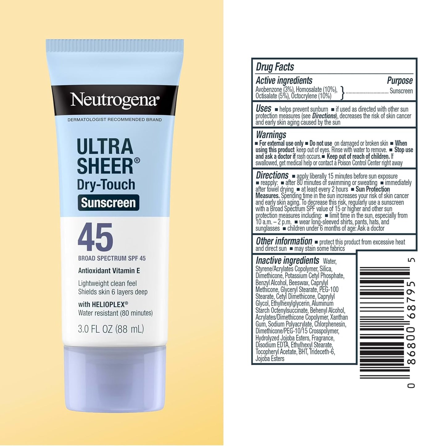 Neutrogena Ultra Sheer Dry-Touch Sunscreen for Face & Body, SPF 45 Broad Spectrum UVA/UVB Protection, Lightweight Water Resistant & Non-Greasy, Travel Size Sunscreen, 3 Fl. Oz 2 Pack