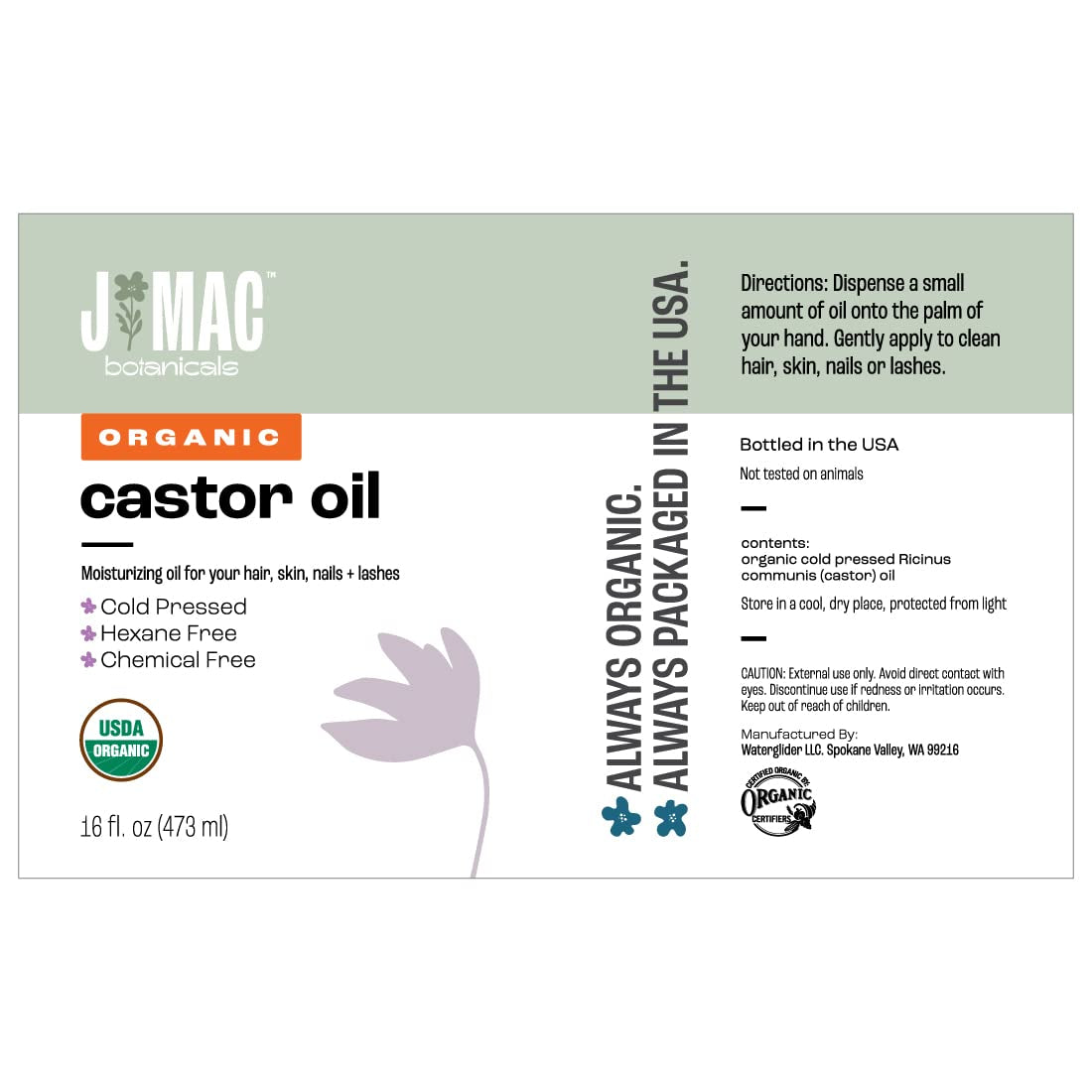 Organic Castor Oil Cold Pressed in Amber Glass Bottle (16 Oz) USDA Certified, Hexane Free - Moisturizing Oil for Hair, Skin, Face, Eyelashes, Brows, Nails, and Castor Wraps