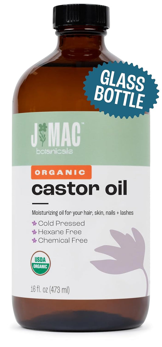 Organic Castor Oil Cold Pressed in Amber Glass Bottle (16 Oz) USDA Certified, Hexane Free - Moisturizing Oil for Hair, Skin, Face, Eyelashes, Brows, Nails, and Castor Wraps