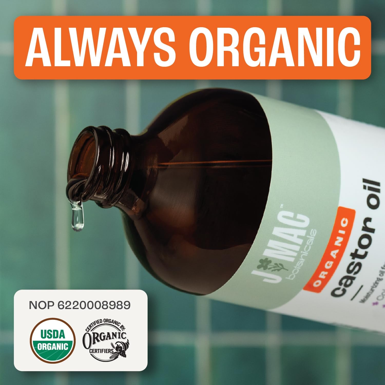 Organic Castor Oil Cold Pressed in Amber Glass Bottle (16 Oz) USDA Certified, Hexane Free - Moisturizing Oil for Hair, Skin, Face, Eyelashes, Brows, Nails, and Castor Wraps