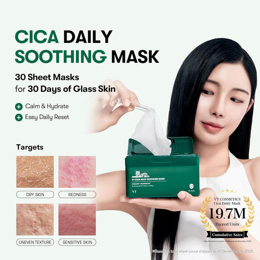 CICA Daily Soothing Mask, 30 Sheet Face Masks for Sensitive Skin, Centella Asiatica & Triple Hyaluronic Acid, Hydrating Korean Sheet Mask for Redness, Dryness & Skin Barrier Care