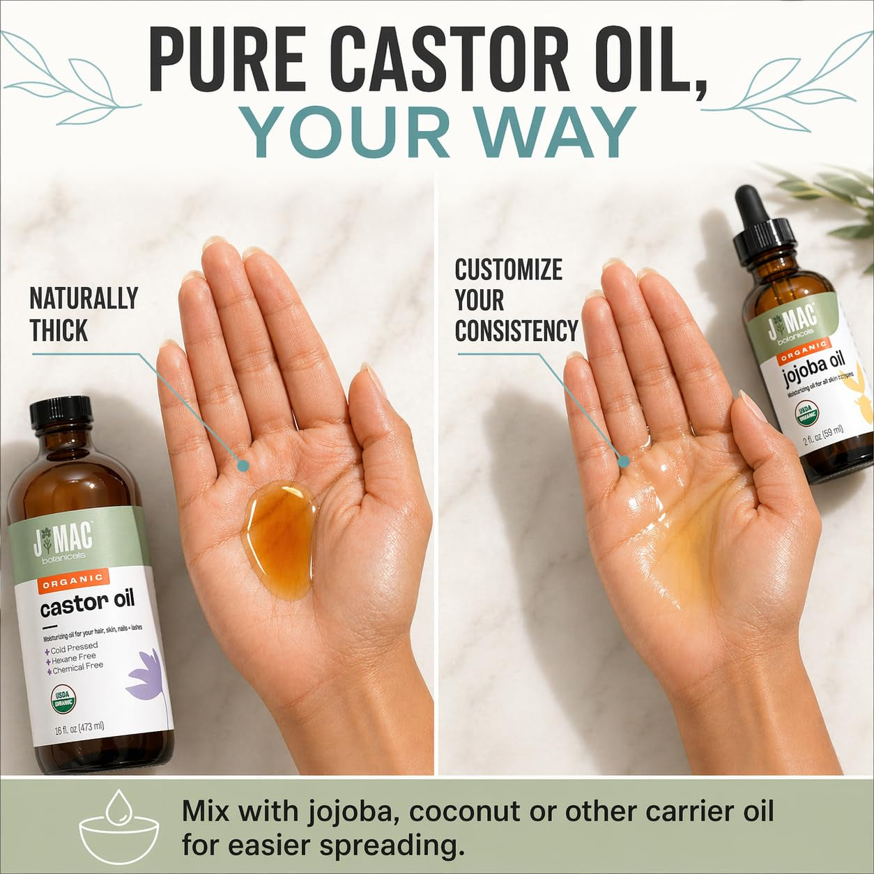 Organic Castor Oil Cold Pressed in Amber Glass Bottle (16 Oz) USDA Certified, Hexane Free - Moisturizing Oil for Hair, Skin, Face, Eyelashes, Brows, Nails, and Castor Wraps